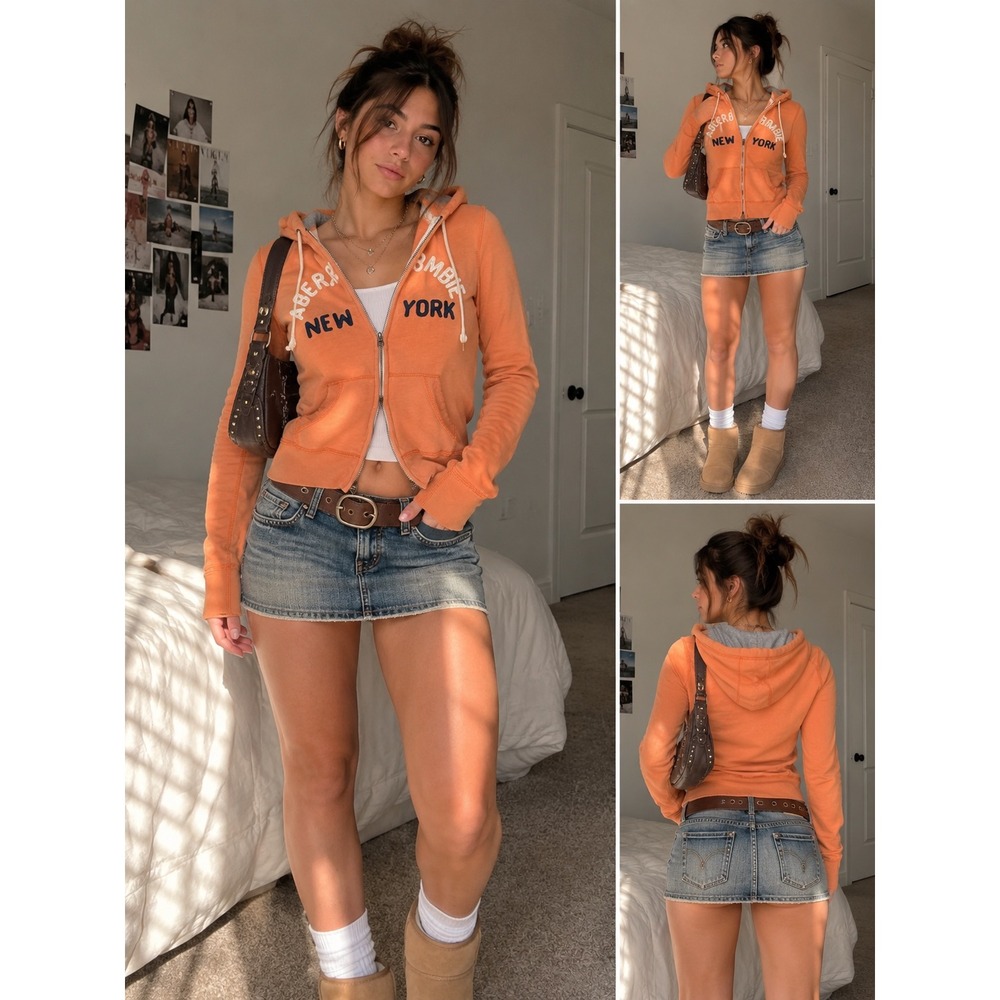 Y2K Abercrombie & Fitch Womens Orange Full Zip Hoodie New York Applique Size L